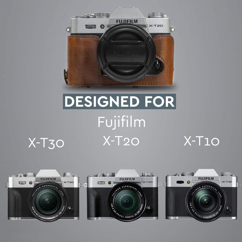 MegaGear MG982 Ever Ready Leather Camera Case and Strap for Fujifilm X-T30, X-T20, X-T10 (16-50mm / 18-55mm Lenses) - Dark Brown One size