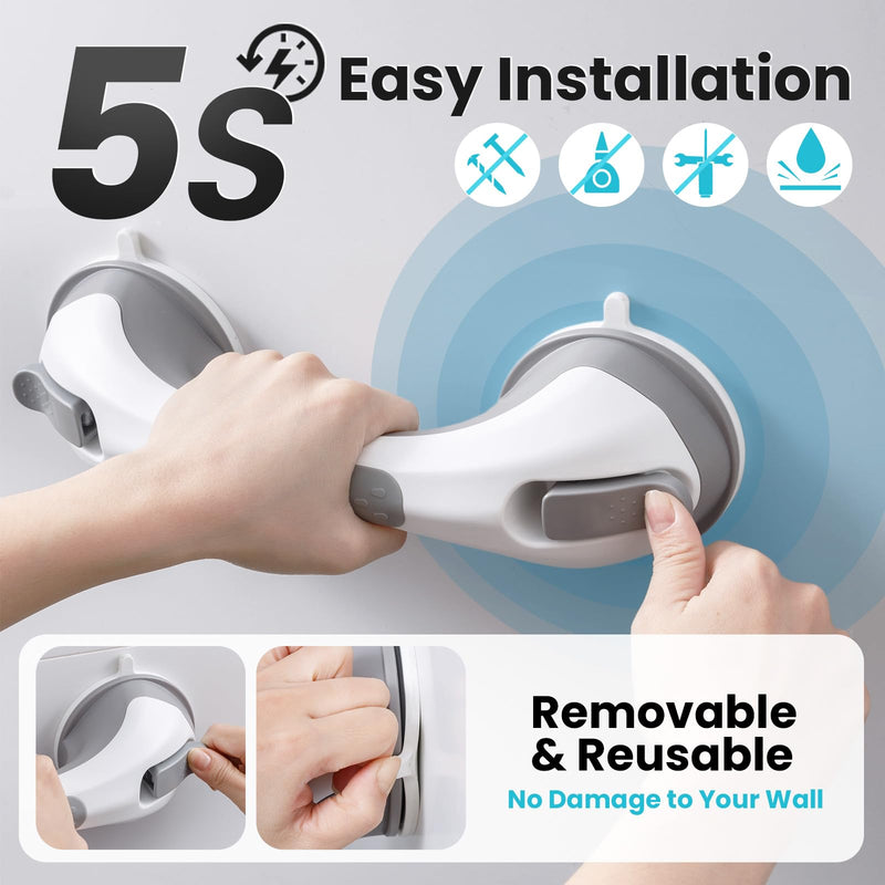 TAILI Shower Grab Bar, 12 Inch Shower Handle for Bathtubs and Elderly, Suction Grab Bars for Seniors Bathroom Safety Handles for Elderly, No Drilling Removable,Grey 12.2" Gray