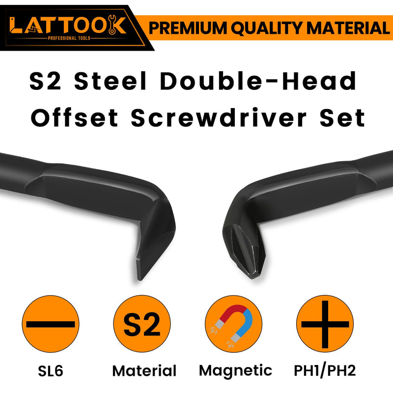 2PCS Right Angle Offset Screwdriver Set, 90 Degree Z-Type Double End Screwdriver with Phillips and Slotted, Bent Low Profile Screwdriver, 15mm Flat Elbow Design for Tight Narrow Space