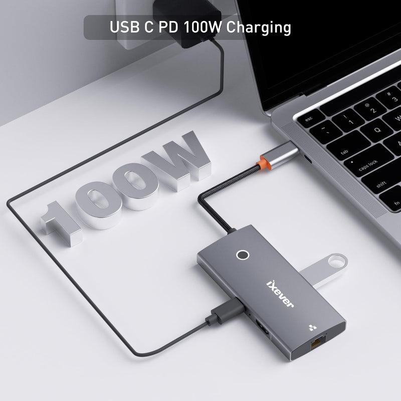USB C Docking Station, iXever USB C HUB 6-in-1 Ethernet Adapter with HDMI 4K@60Hz, Ethernet 1000M, USB Type C, 2X USB 3.0 5Gbps, PD Charging 100W