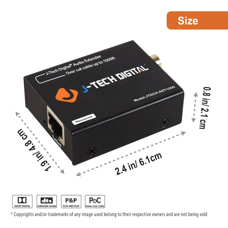 J-Tech Digital Digital Audio Extender Converter for Optical/Coaxial Audio Over Single Cat5e/6 Cable (PoC) up to 990’ (300m) for Dolby Digital, DTS 5.1, DTS-HD, PCM [JTECH-AET1000] Audio Extender 990ft with Optical & Coaxial