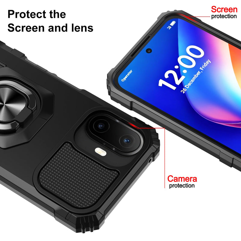 for TCL K70 5G/TCL K70 XE Phone Case with Tempered Glass Screen Protector,Military Grade Heavy Duty Shockproof Protective Cover,with Ring Kickstand (Black) Black for TCL K70 5G