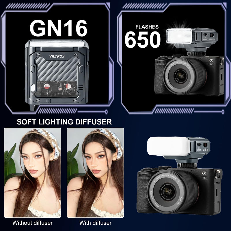VILTROX 26Ws TTL Mini Flash Speedlite for Sony, GN16 1800mAh, 1S Rapid Recycle On-Camera Flash Mini Speedlight, Spark Z3-S Flash Speedlight with Diffuser Z3 For Sony