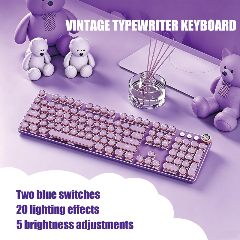 Purple Retro Typewriter Keyboard, 104 Keys Wired USB with Round Keycaps, LED Backlit, for PC Laptop Mac Windows Purple