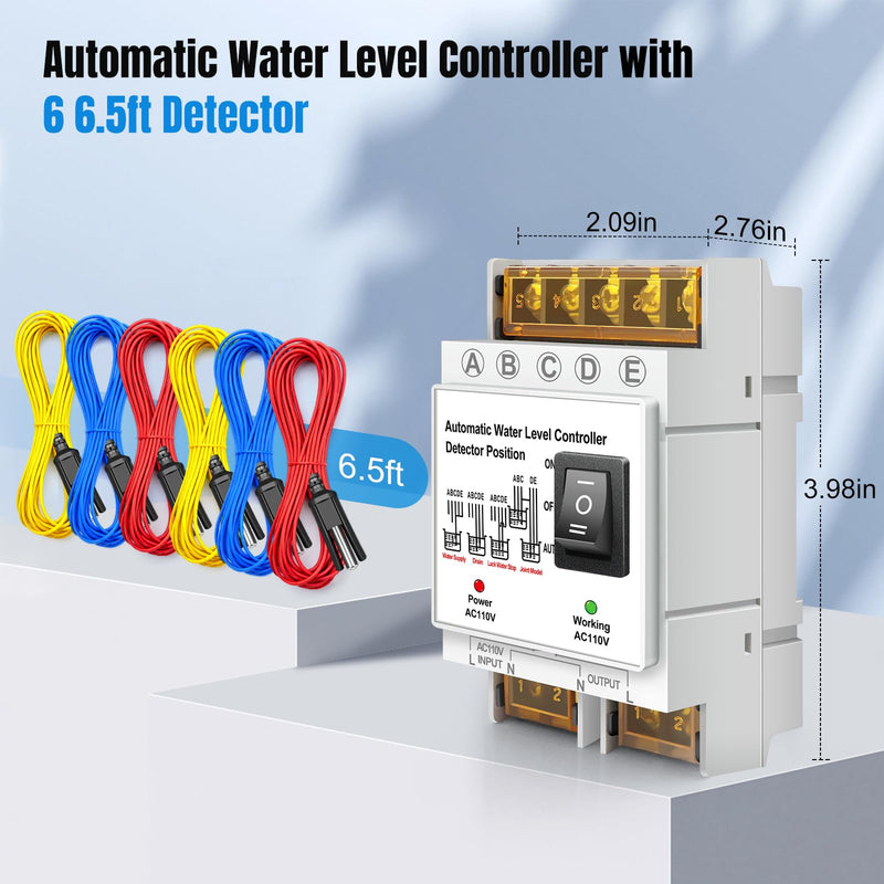 Automatic Water Level Controller AC 110V, Liquid Level Sensor Pump Float Switch Control Relay with 6.5ft Detector, 4 Modes Auto Water Tank Supply & Drain Control