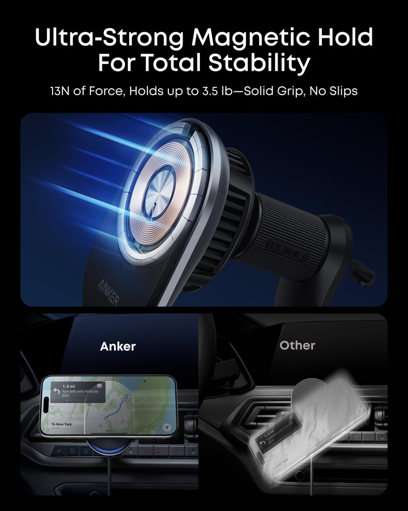 Anker Prime Qi2 25W MagSafe Compatible Wireless Car Charger Mount | AirCool Phone Holder with Vent Clip and Fast Power, for iPhone 17 - 12 Series, and More (Adapter Included) 25 Watts