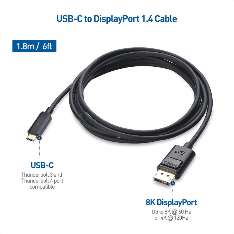 Cable Matters 32.4Gbps Bidirectional USB C to DisplayPort 1.4 Cable 6 ft Support 8K 60Hz/4K 240Hz (Thunderbolt 4 to DisplayPort, DisplayPort to USB C Cable) Black - Works with iPhone 15 MacBook XPS