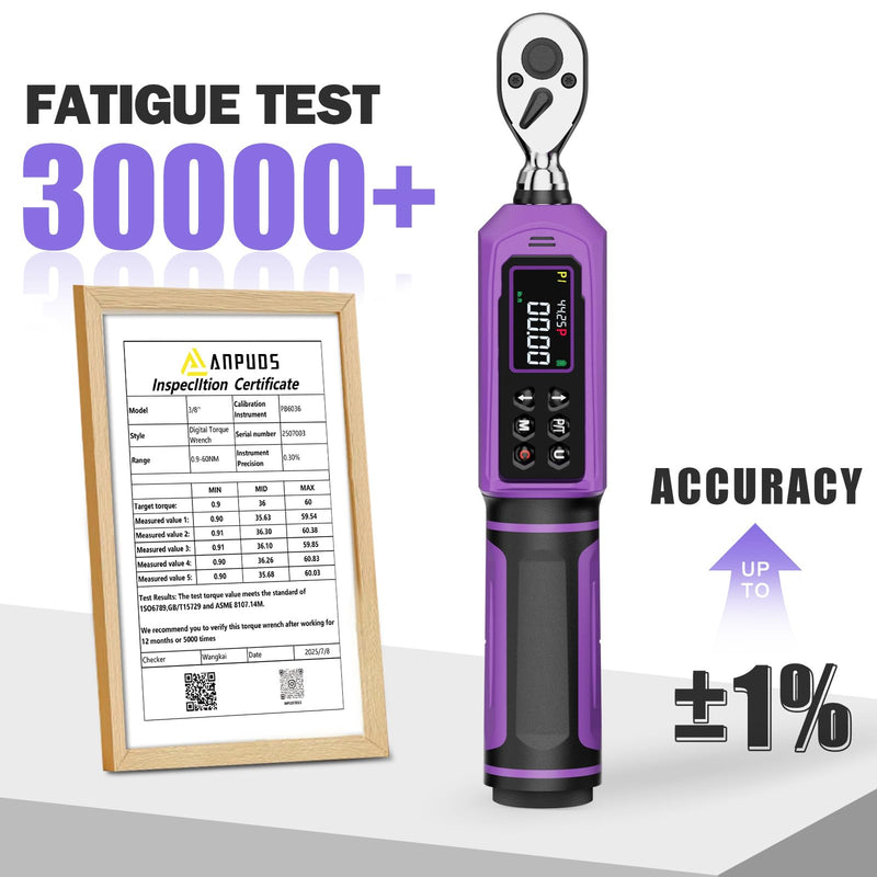 ANPUDS Digital Torque Wrench, ±1% Accuracy, 0.66-44.25 Ft-lb | 3/8 Drive Dual Direction Ratchet Electric Torque Wrench, Vibration/Buzzer/LED Flash Alert, for Bike Motorcycle & Automotive