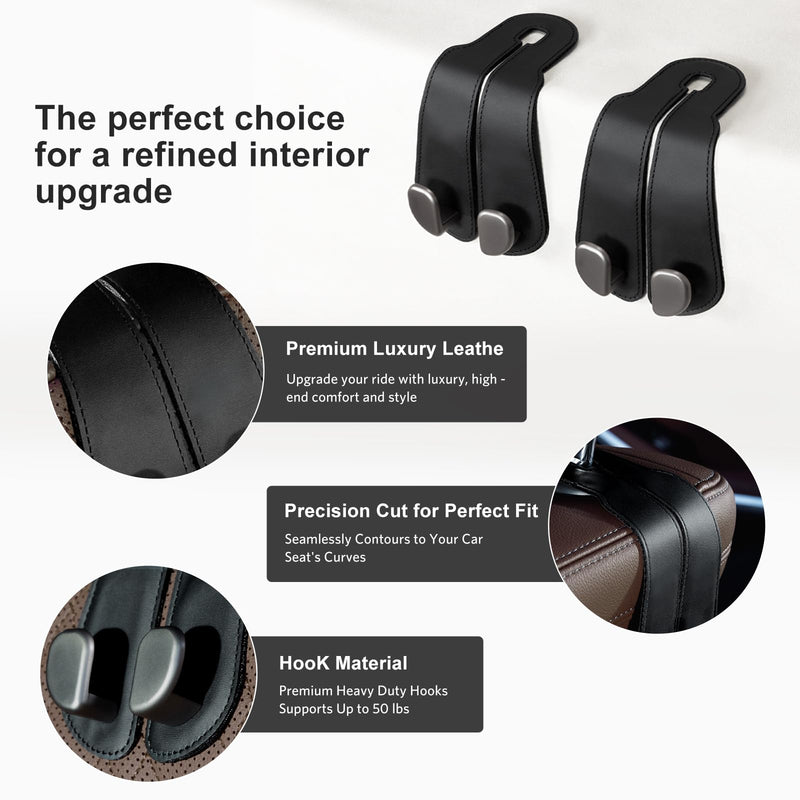 CoBak Purse Hook for Car - Universal Premium Stitched Leather and Aluminum-Magnesium Alloy Double Car Seat Back Storage Hook for Purses, Handbags, Bags (2 Pack),Black Black Double-Hooks