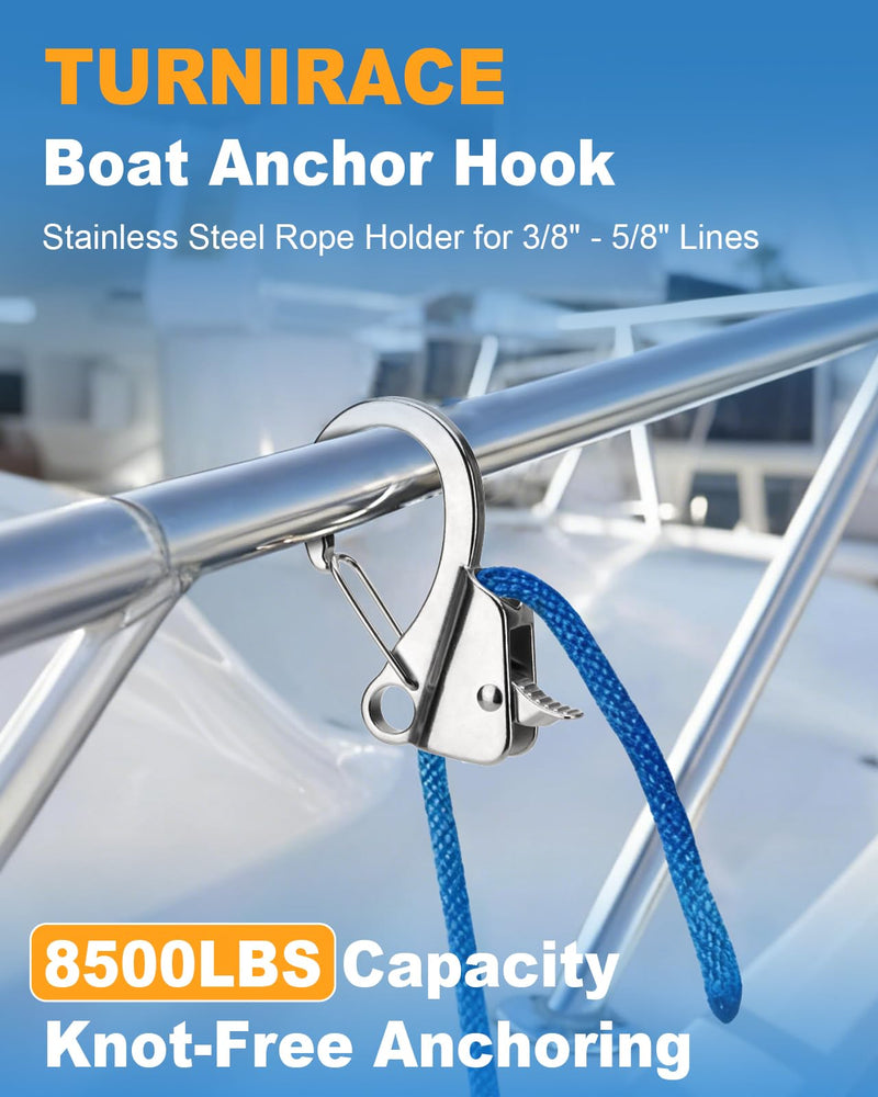 Boat Anchor Hook, Stainless Steel Adjustable Sliding Rope Holder, Knotless Quick Release Marine Line Clip for 3/8" - 5/8" Lines, Max. 8500 lbs Capacity (2 Pack) 2 PACK