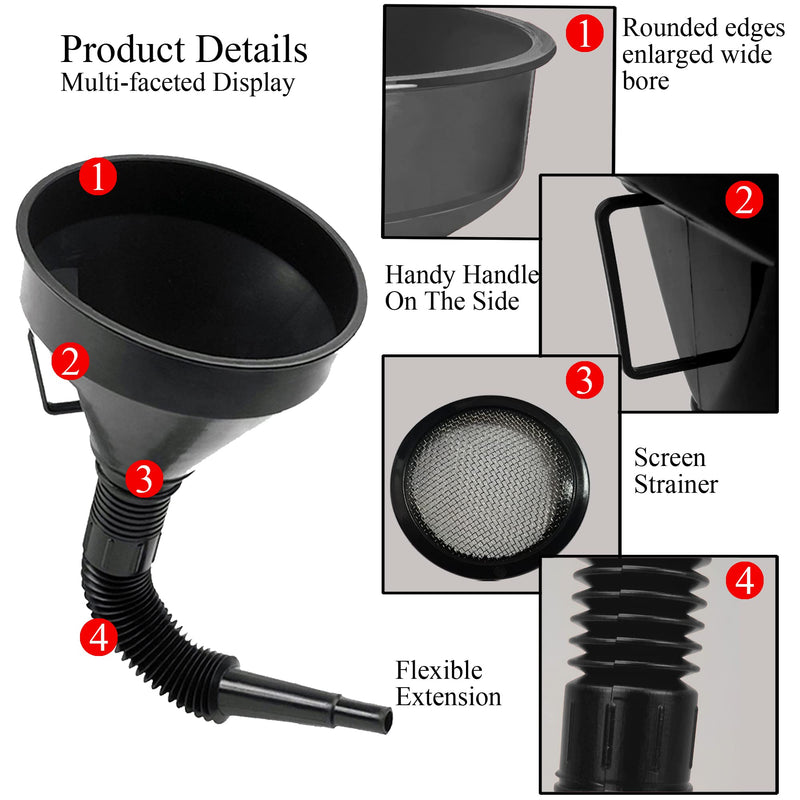 Flex Funnel - Wide Mouth Flexible Funnel with Handle, Automotive Funnels for Engine Oil, Liquid, Diesel, Kerosene,Gasoline (1pcs 5.2" Black) 1pcs 5.2" Black