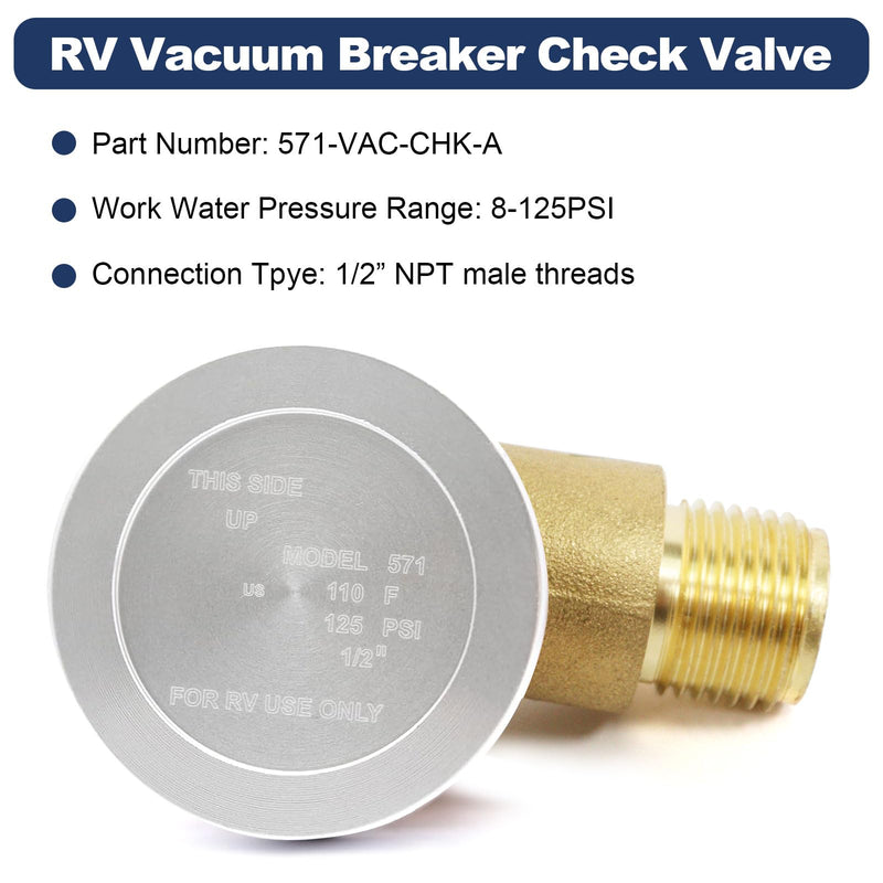 RV Vacuum Breaker Check Valve, Replace Leaking Vacuum Breaker on Black Tank Check Valve for RV Camper Trailer Flusher, 571-VAC-CHK-A Brass Breaker to Improve Freshwater