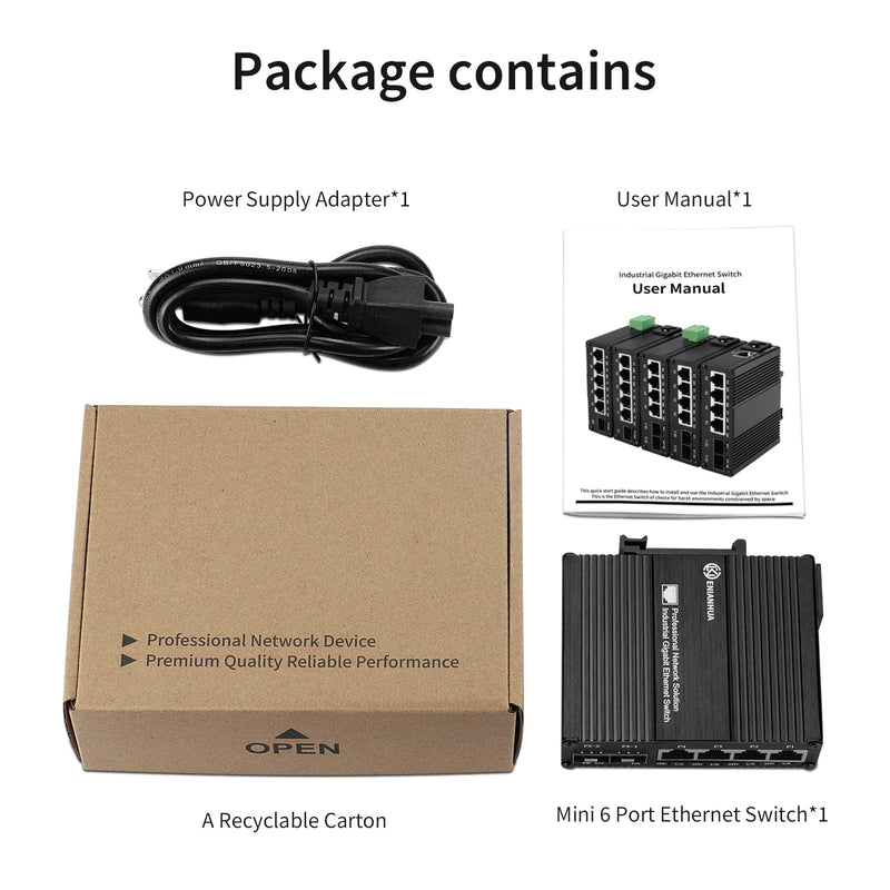 Industrial 6 Port Umanaged Ethernet Switch, Network Switch, 4 Port RJ45 10/100/1000BASE-T+2 Gigabit SFP Slot 1000Base-X, Plug & Play, Din Rail or Wall Mount, AC 110V~220V Wide Voltage Input