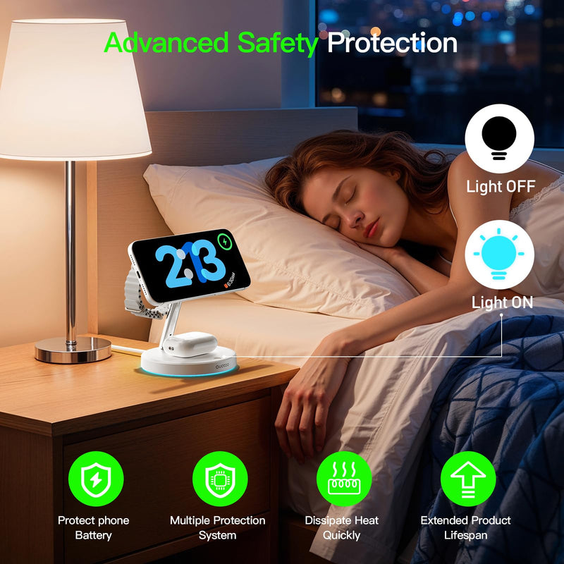 3 in 1 MagSafe Wireless Charger Stand for iPhone Apple Watch AirPods | Adjustable Blue Ambient Light,15W Magnetic Charging Station for iPhone 17 16 15 14 13 12 Series Wireless Charging Station White
