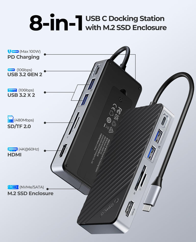 ORICO USB-C Hub with M.2 SSD Enclosure, 8-in-1 USB C Docking Station Fits M.2 NVMe/SATA SSD, 10Gbps, 4K@60Hz HDMI, 100W PD, SD/TF Card Reader with SD/TF