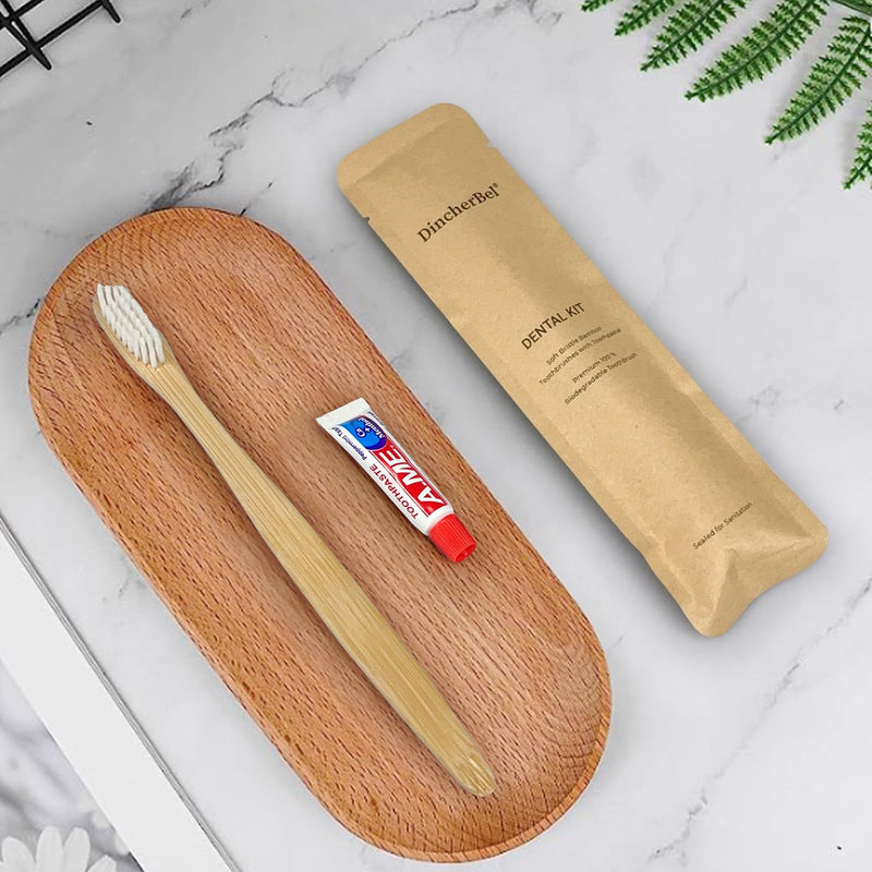 DincherBel Bamboo Toothbrushes Kit Bulk, Disposable Toothbrushes with Toothpaste(6g), Individually Wrapped Toiletries Amenities for Hotel, Airbnb, Homeless, Shelter, Camping and Travel (50 Pack) 50 Pack(Bamboo)