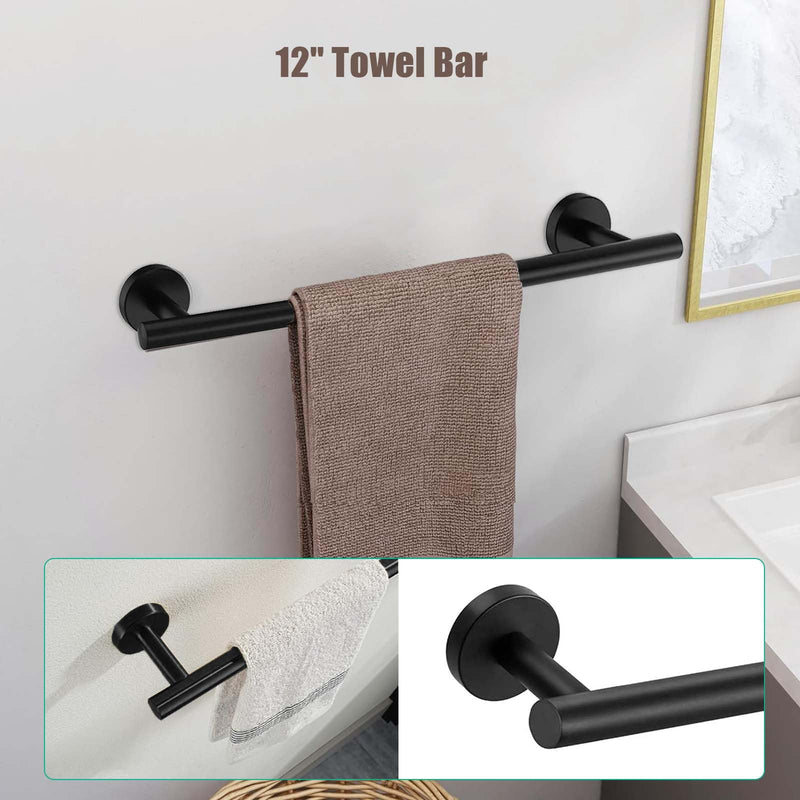 3-Pieces Bathroom Accessories Kit, Matte Black Bathroom Hardware SUS304 Stainless Steel Wall Mounted-Includes 12" Hand Towel Bar, Toilet Paper Holder, Robe Towel