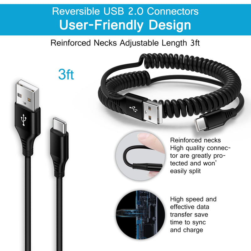 Samsung S24 Ultra Coiled USB C to USB A Cable Fast Charging for Galaxy S24+/S23/S22/S21,A14/A54,3FT Retractable Android Phone Car Charger Cord for iPhone 15 Pro Max Plus,Google Pixel 8Pro/8a/7a/7/6/5