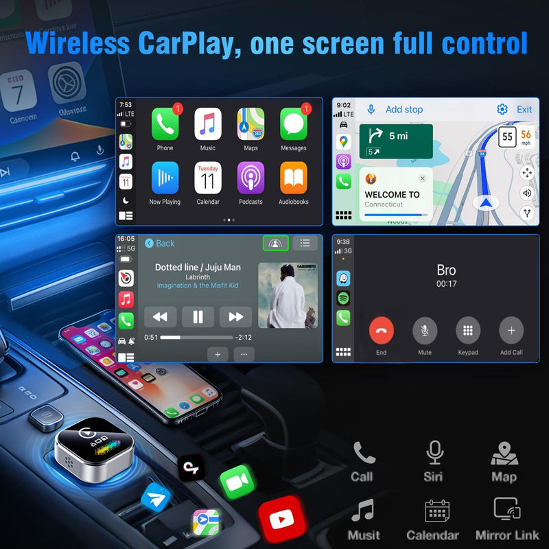 Wireless CarPlay Adapter for iPhone – 2027 4-in-1 Dongle with AirPlay & Screen Mirroring, Low Latency, 5-Second Auto Connect for Wired Cars, Includes USB A/C（Silvery）