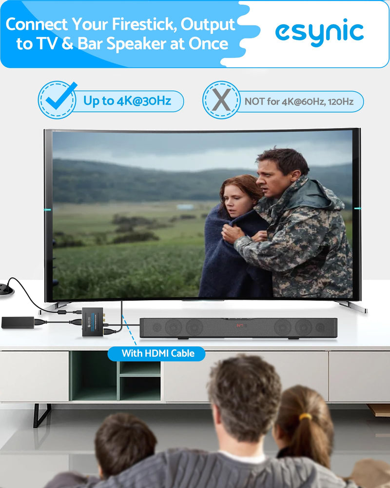 eSynic Portable 4K@30Hz HDMI Audio Extractor-No ARC/eARC & Not from HDTV to Soundbar-Easy to Setup-Metal Shell-for Gaming Consoles/Fire TV Stick to HDMI Monitor & Optical or 3.5MM & L/R Audio System