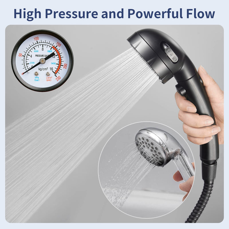 HANLIAN High Pressure Shower Head with Pause Button, 3 Spray Modes Shower Head for RV Camper, Water Saving On Off Shower, Handheld Shower Head with Hose and Adjustable Self-adhesive Holder (Black) Black