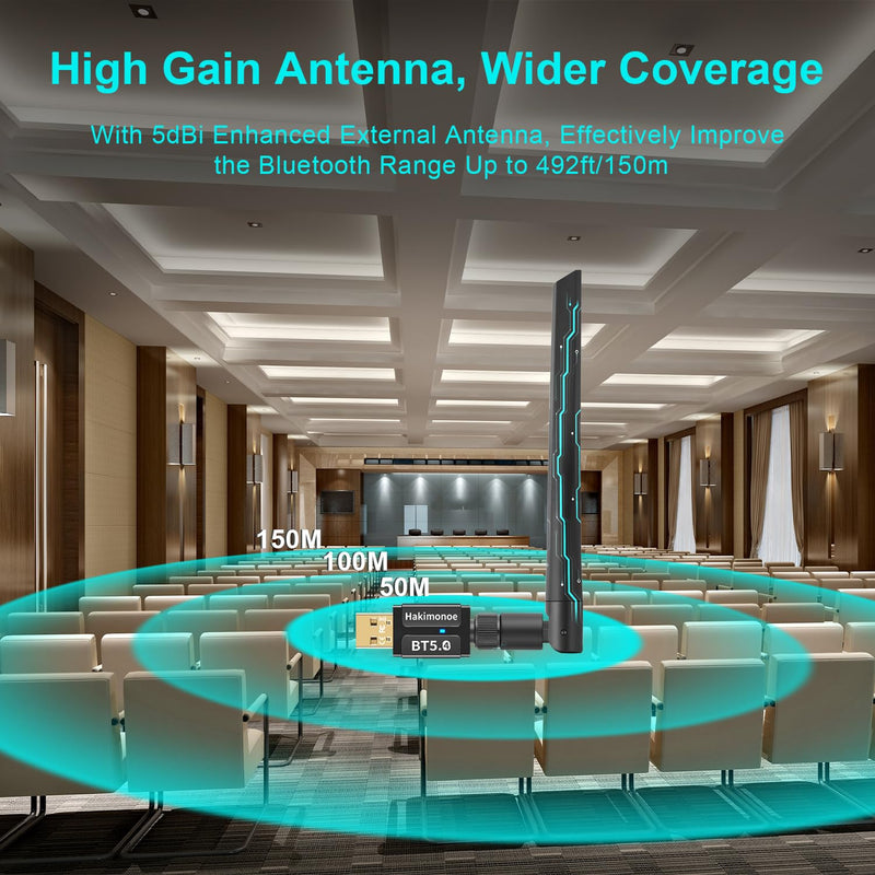 100-150M Long Range Bluetooth 5.4 Adapter for PC, Wireless USB Dongle w/ 5dBi Antenna for Laptop Desktop Windows 11 10 8.1 7, Plug n Play Bluetooth Headphones Headset Speaker Mouse Keyboard Printer