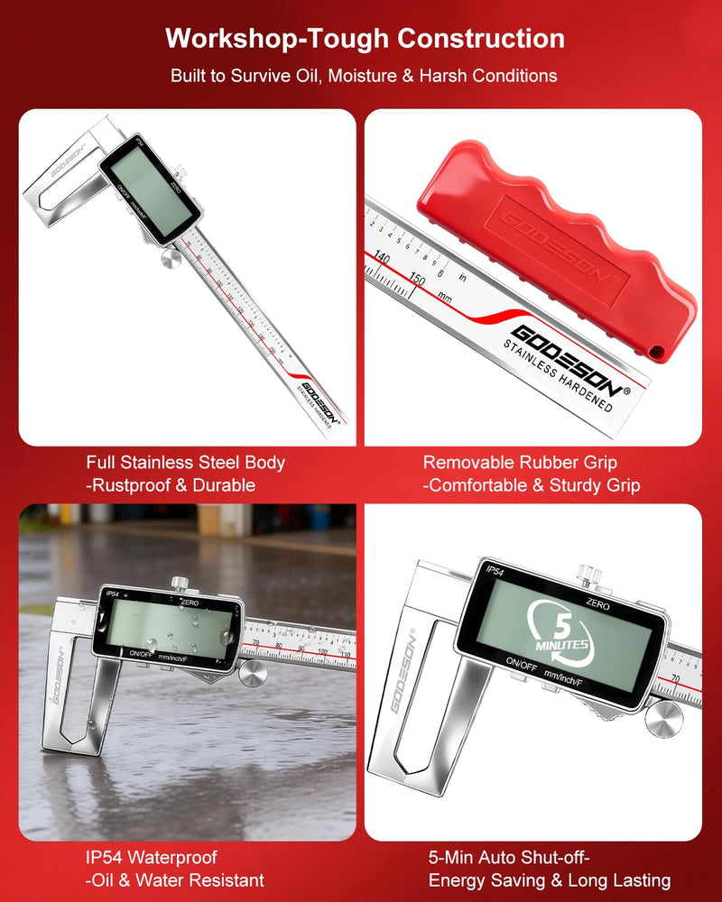 GODESON Digital Disc Brake Rotor Micrometer, 0-50mm/0-6 Rechargeable Brake Thickness Gauge, Digital Caliper MM/Inch/F Display, IP54 Waterproof, Stainless Steel for Auto & DIY