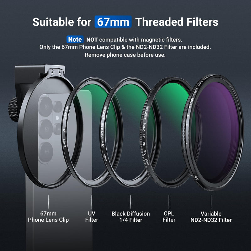 NEEWER 67mm Variable ND Filter & Threaded Phone Clip Set, Adjustable ND2-32 HD Neutral Density Mobile Photography Accessories, Compatible with iPhone 17 Pro Max Samsung S26 Ultra
