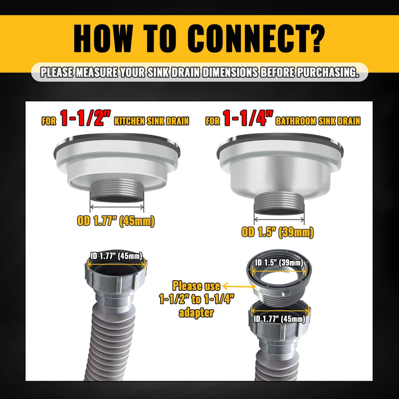 VIVIDA Double Sink Drain Pipe Kit, 1-1/2" Flexible Drain Pipe, 11"-31.5" Expandable Flexible P Trap for Double Kitchen Sink, 1-1/4" Adapter Included, Gray, 1 PACK 11" to 31.5"