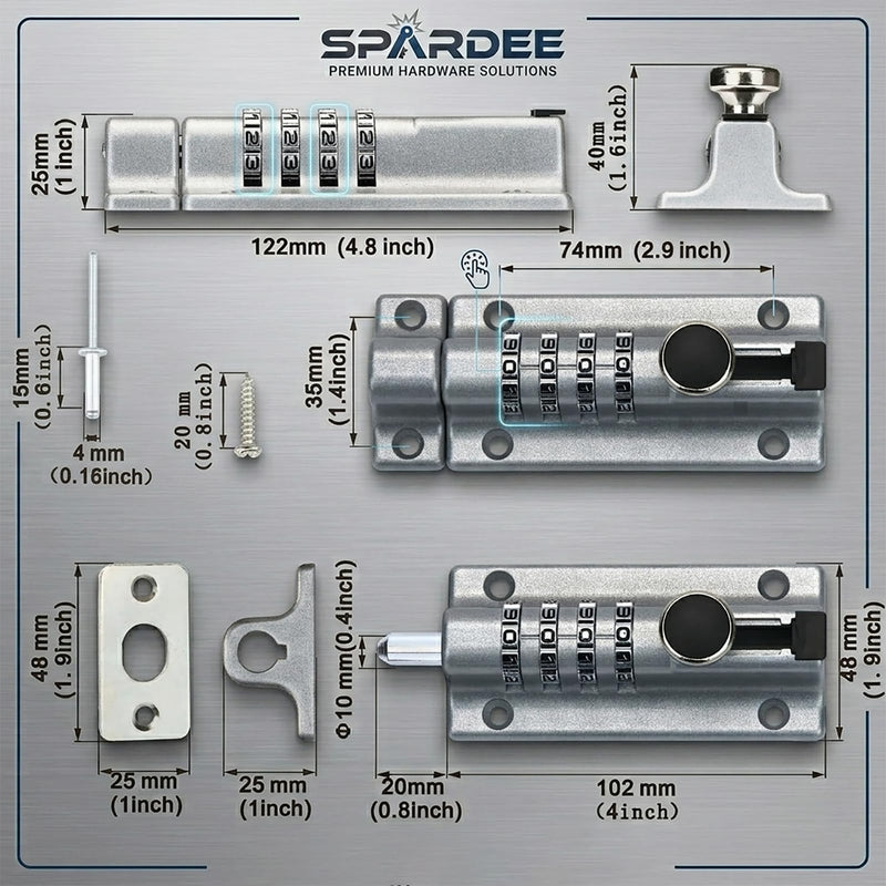 Heavy Duty 4-Digit Combination Locking Bolt, Reinforced Zinc Alloy Door Lock for Sheds, Gates, Barns, Cabinets & Fences, Weather-Resistant, Black (2, Silver) 2