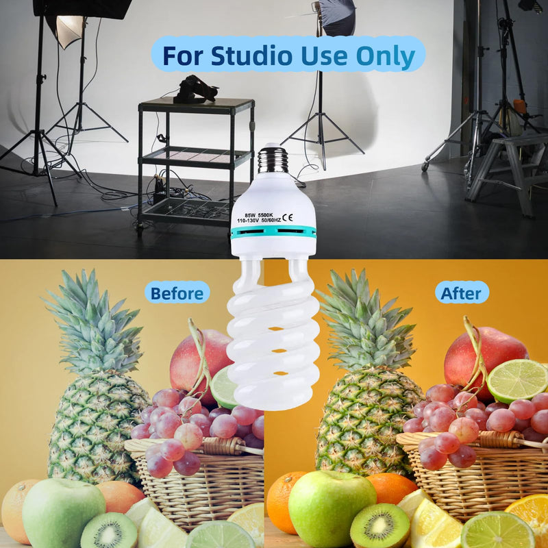 2Pcs 85W Light Bulb 5500K CFL Roas Daylight Spiral Softbox Lighting Kit Bulb in E27/E26 Socket for Photography Photo Box