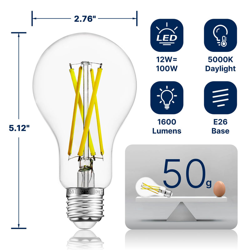 FLSNT 100W Equivalent LED Edison Bulbs, 5000K Daylight, 12W Dimmable A21 LED Light Bulbs, 1600LM, CRI90, E26 Base, 8 Pack 100w 5000k Daylight 8 Count (Pack of 1)