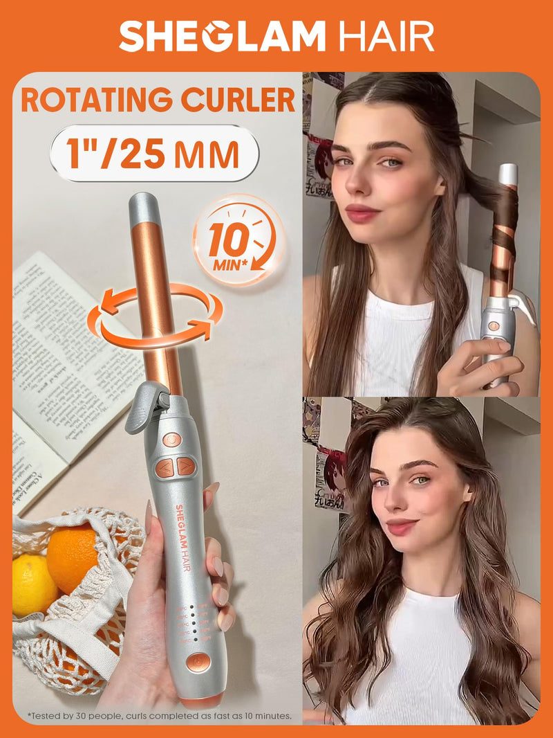 SHEGLAM Rotating Curling Iron, Curl Cycle, 25mm Automatic Curling Wand for Long Hair, Get Effortless Beach Waves with Self Spinning Barrel up to 220°C with Home Button, Dual Voltage