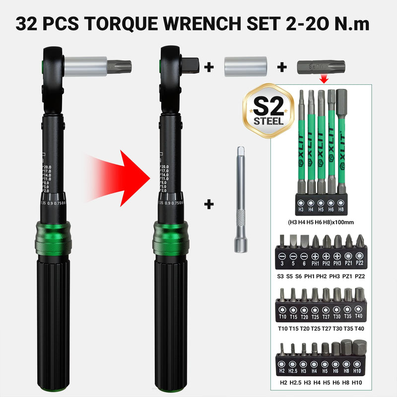 1/4" Bike Torque Wrench Set, 35 PCS Bicycle Click Torque Wrench and Bit Set, 17.7-177 in·lb/2-20Nm, Dual-Direction Adjustable 72 Tooth Ratchet, ±3% Accuracy, Road/Mountain Bike Cycling Tool Kit 35PCS (2-20 Nm)