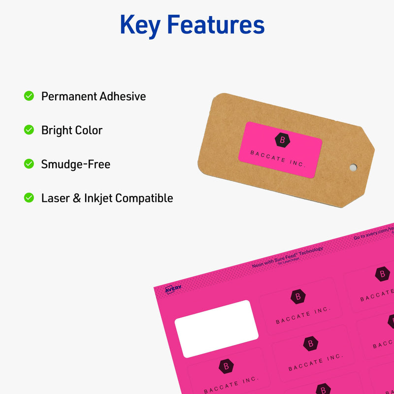 Avery Printable Labels with Sure Feed, 1" x 2-5/8", Assorted Neon Colors (Green, Magenta, and Yellow), Removable Adhesive, Laser & Inkjet Compatible, 360 Blank Labels Total (6479) 1"H x 2 5/8"W