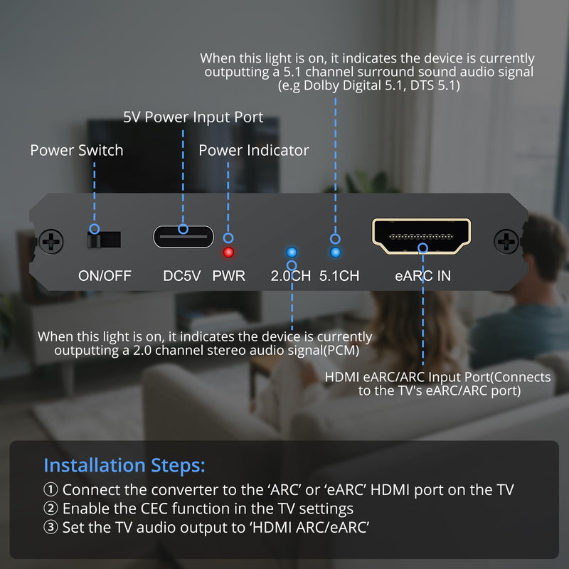 CAMWAY eARC/ARC Audio Extractor - eARC/ARC to Optical RCA 3.5mm Adapter, Support Dolby Digital DTS 5.1 Surround Output for TV, Amplifiers, Soundbars, Powered Speakers, Headphones,etc 8.3 x 5.2 x 3.8 cm