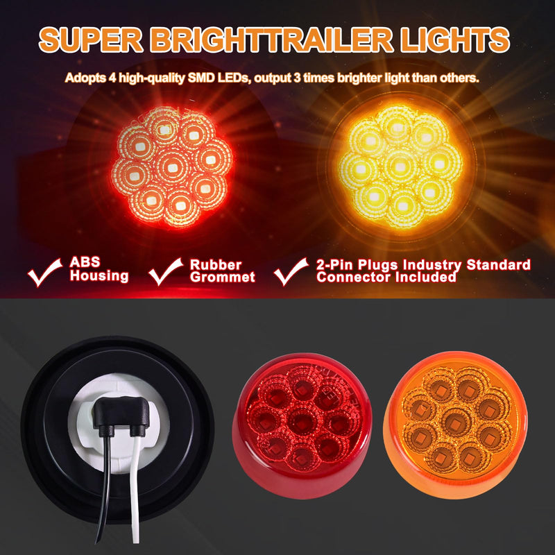 10Pack(5 Amber + 5 Red) 2" 9 LED Round Trailer Side Marker Light Grommet Flush Mount, [DOT Approved] Sealed 2 inch Clearance Lights with Reflex Lens for Truck RV Camper, IP67 Waterproof, 12V Amber/Red - 9 LED