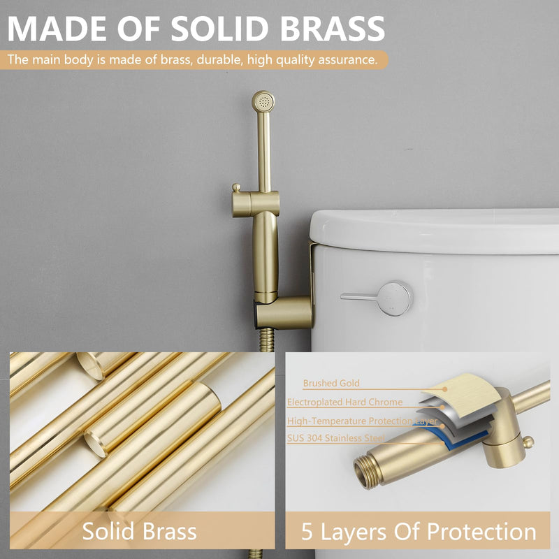 Handheld Bidet Sprayer for Toilet, All Brass Bathroom Toilet Sprayer Bidet Attachment Set, Baby Cloth Diaper Spraying Kit for Pet Bathing and Feminine Care, Brushed Gold Brushed Nickel