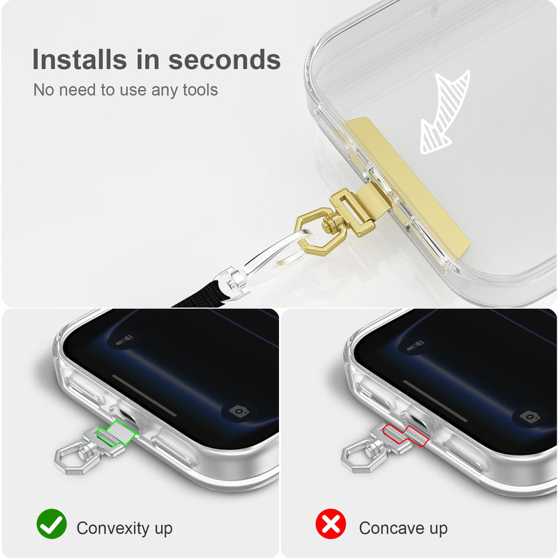 6 Pack 360°Rotating Phone Tether Tab - Stainless Steel Phone Lanyard Tab, Ultra-Thin Universal for iPhone & More, Fits Full Phone Cases (Gold+Silver+Black)