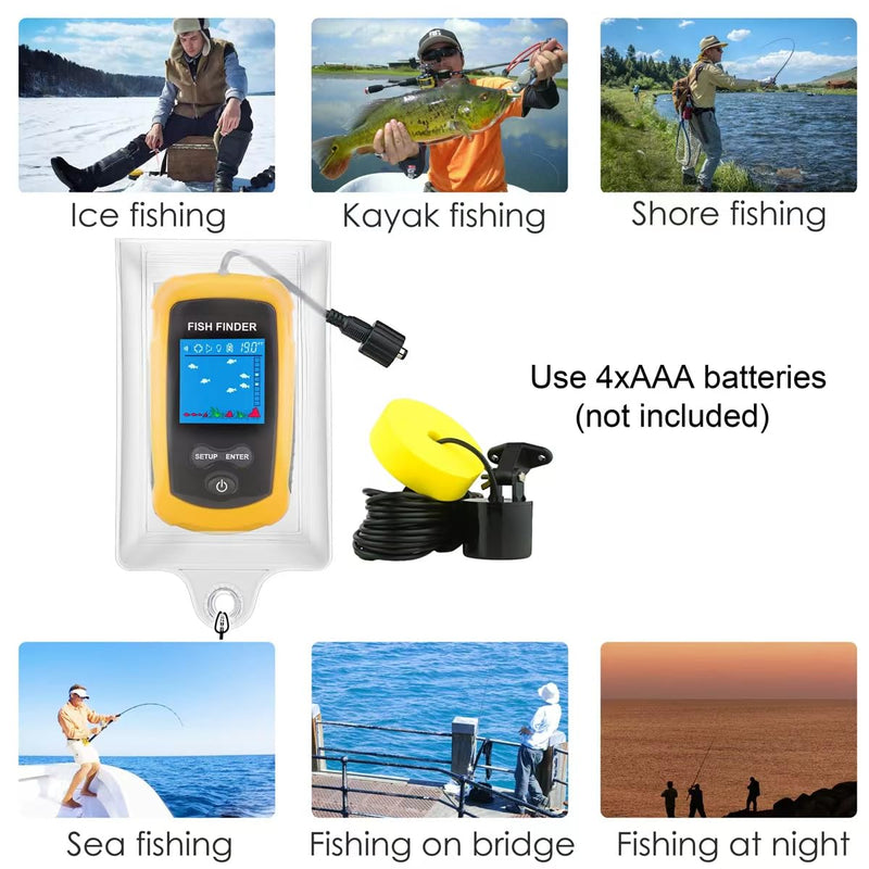 Portable Wired Fish Finder Ice Kayak Fishing Gear Water Depth Finder Handheld Fishfinder LCD Display Sonar Transducer Basic with Water-Resistant Bag