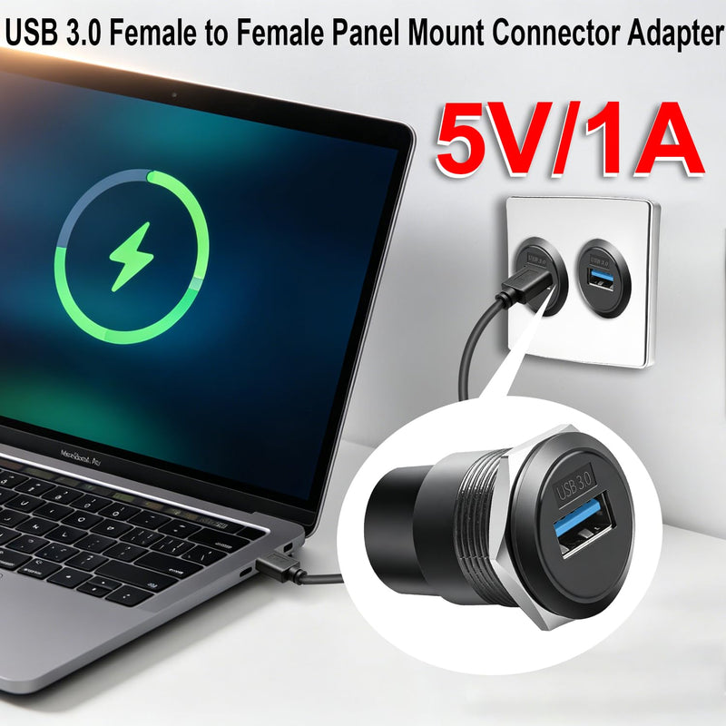 USB 3.0 Threaded Fixed Mount Adapter, USB Type A Female to Female Embedded Panel Mount Adapter, Socket to Socket Pass-Through Coupler 5Gbps Data 5V/1A Charger