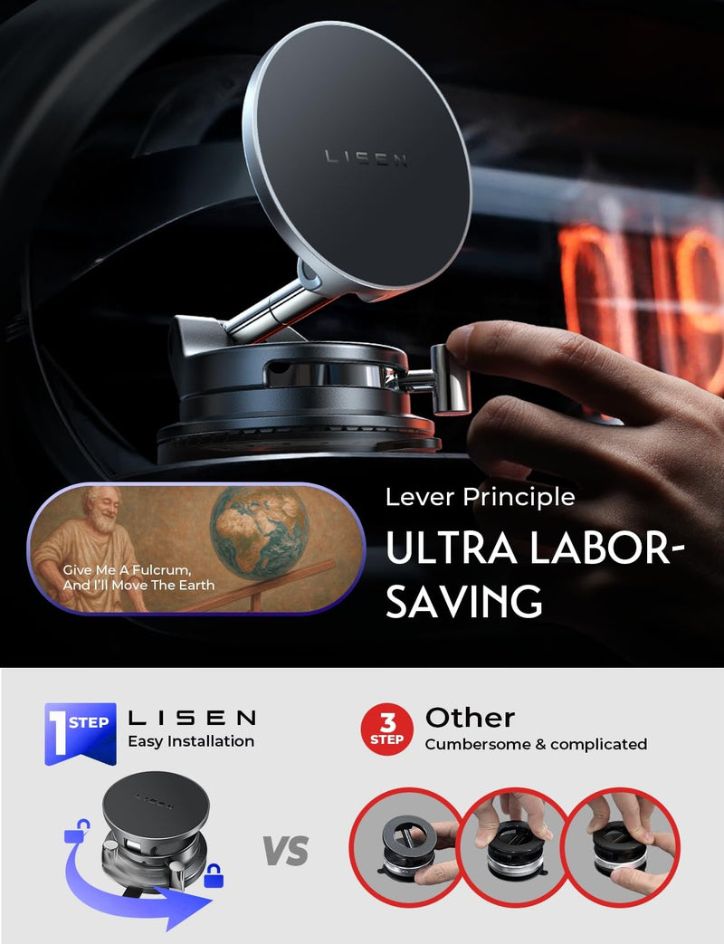 LISEN 15W Magsafe Car Mount Charger，[Lever Lock] Suction Cup Phone Holder,360° Vacuum Magnetic Car Phone Holder Charger Wireless for iPhone 17 Pro Max Air 16-12,Pixel 10,Samsung with MagSafe Case Black