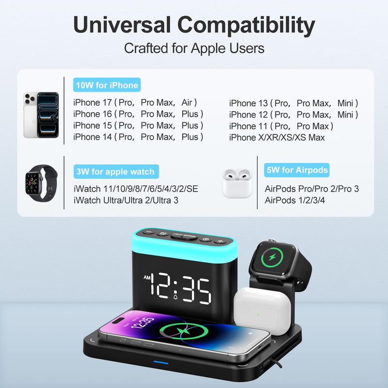 ANJANK Wireless Charging Station,5 in 1 Multiple Charger Stand with Alarm Clock,7 Night Light,Mag-Safe Charging Dock for iPhone 17 16 15 14 13 12 Pro Max Plus,Apple Watch 11/10/9/8,for Airpods,Bedroom Black