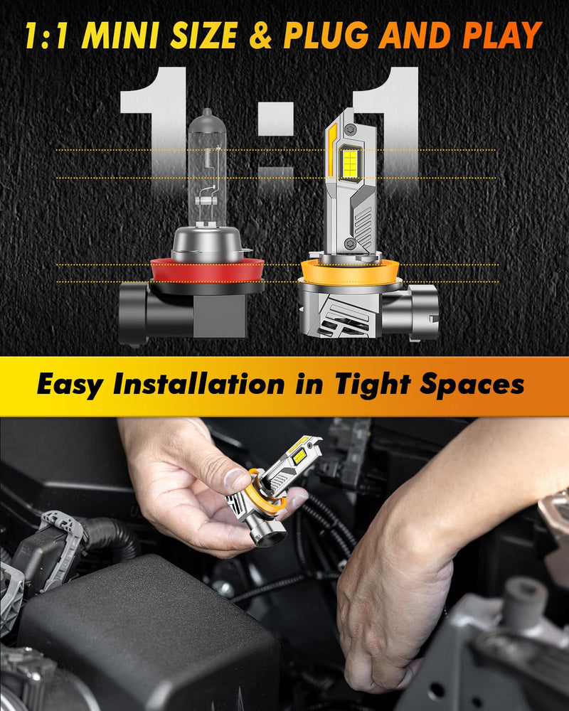 H11/H9/H8 Light Bulbs, [ Latest & Upgraded ] 40,000LM 10X Ultra-Bright, 360° Adjustable Quick Install, Real 1:1 Size Direct Replacement H11 Fog Light Bulb, 6500K Cool White, Pack of 2 H11/H9/H8