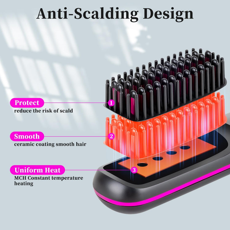 Glow Wave Heated Brush, Go Brush Pro Cordless Straightener, 2026 Glow Wave Heated Brushs for Short Hair, 3 Heat Settings & LED Screen for Travel and Frizz-Free Styling,1PCS (Black)