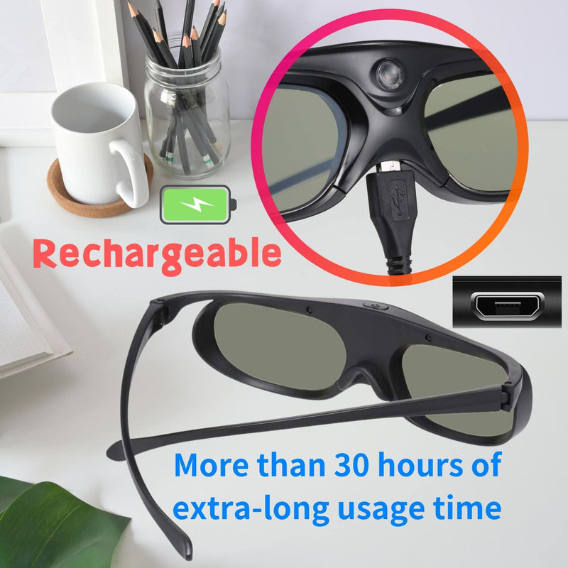 Sintron 2X ST08-DLP 3D Active DLP-Link Glasses Eyewear Rechargeable - 144Hz for 3D-Ready DLP Projectors Including Optoma, BenQ, Acer, Dell, Viewsonic, Vivitek, Sharp, LG, NEC, Mitsubishi (Black) Black