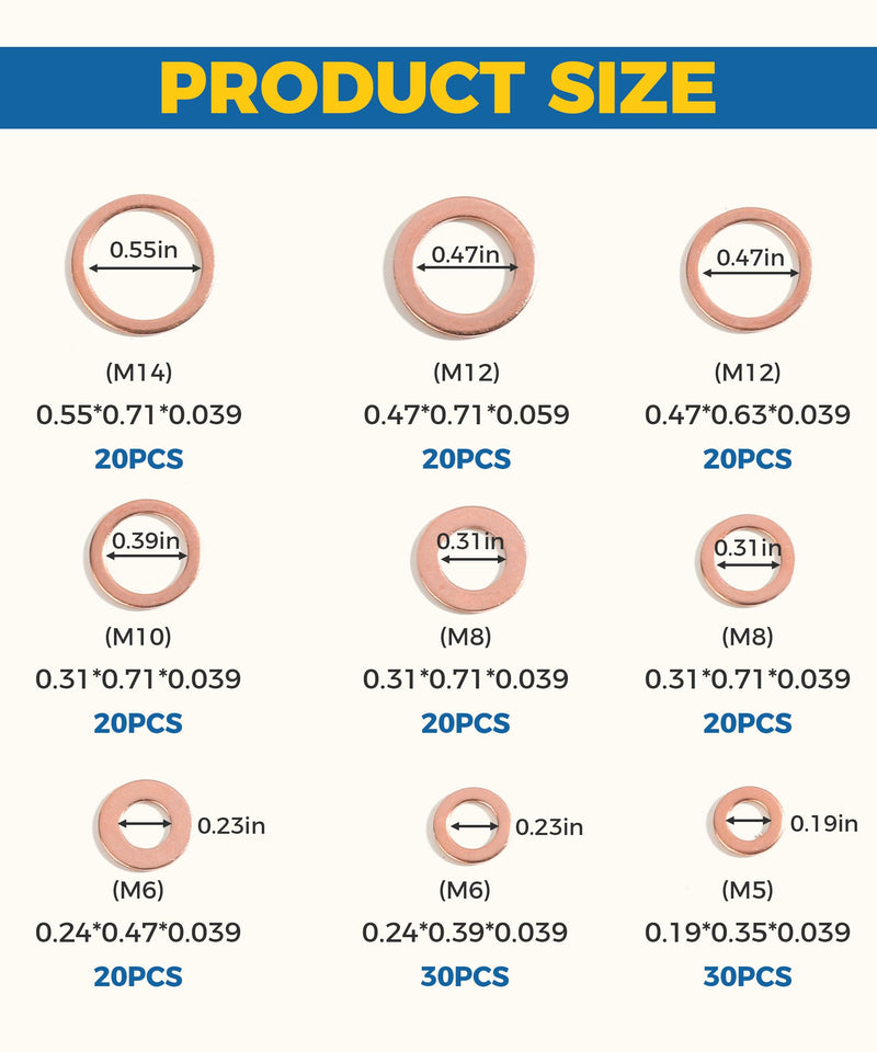 200PCS Crush Washer,Crush Washer Oil Drain Plug,Car Accessories Crush Washer Assortment,M5 M6 M8 M10 M12 M14 Metric Copper Washers,Oil Drain Plug Crush Washer,Suitable for Most Vehicles