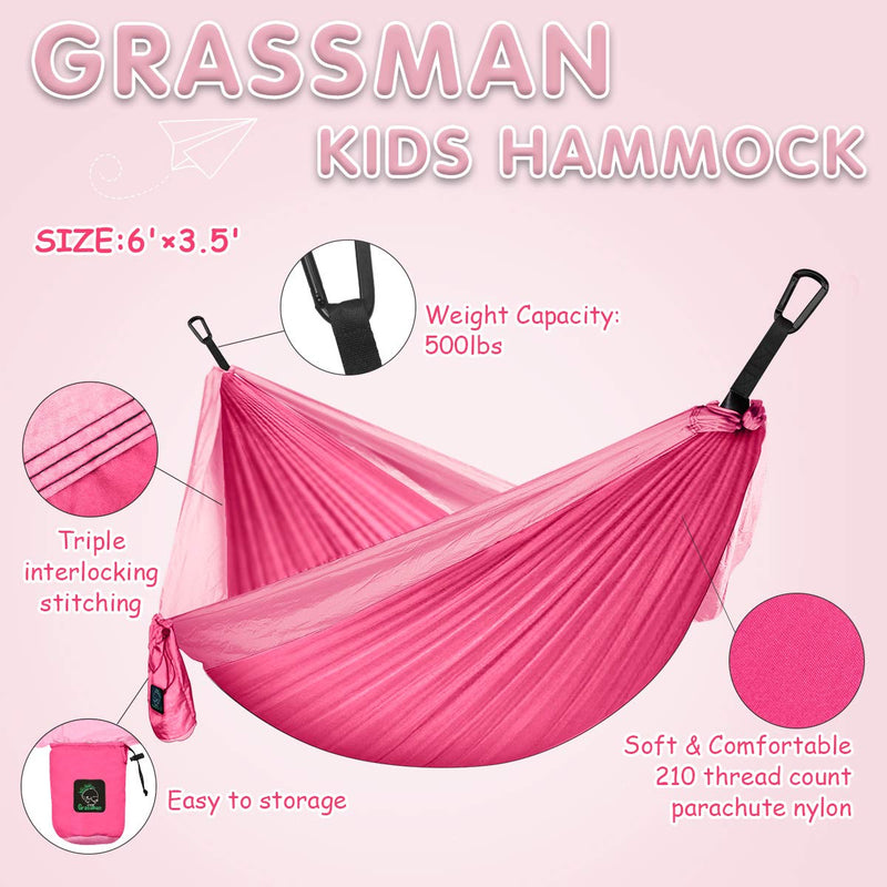Grassman Kids Hammock- Small Hammock for Camping Portable Hammock for Child Girls Boys Ultralight Backpack Mini Hammocks with Straps Pink one pack