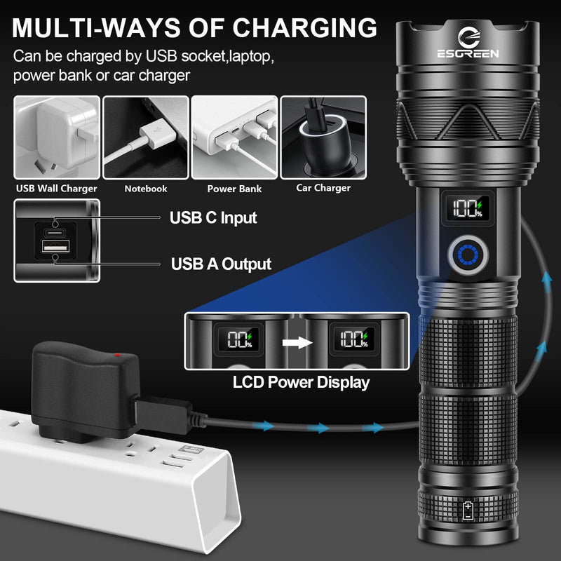 Rechargeable Flashlights 100000 High Lumens, Long Range 5000ft, Super Bright LED Flashlight USB C, High Powerd Multi-functional Heavy Duty Strong Flash Light High Beam, For Emergency Home Camping 30.0 Watt Hours