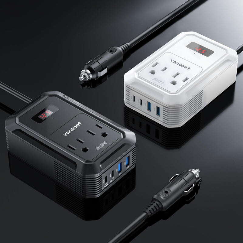200W Car Power Inverter DC 12V to 110V AC Inverter with PD 65W/30W USB C & 2 QC 18W USB Ports & 2 AC Outlets,Car Pluɡ Adapter Outlet for Laptop/Phone/Road Trip Black